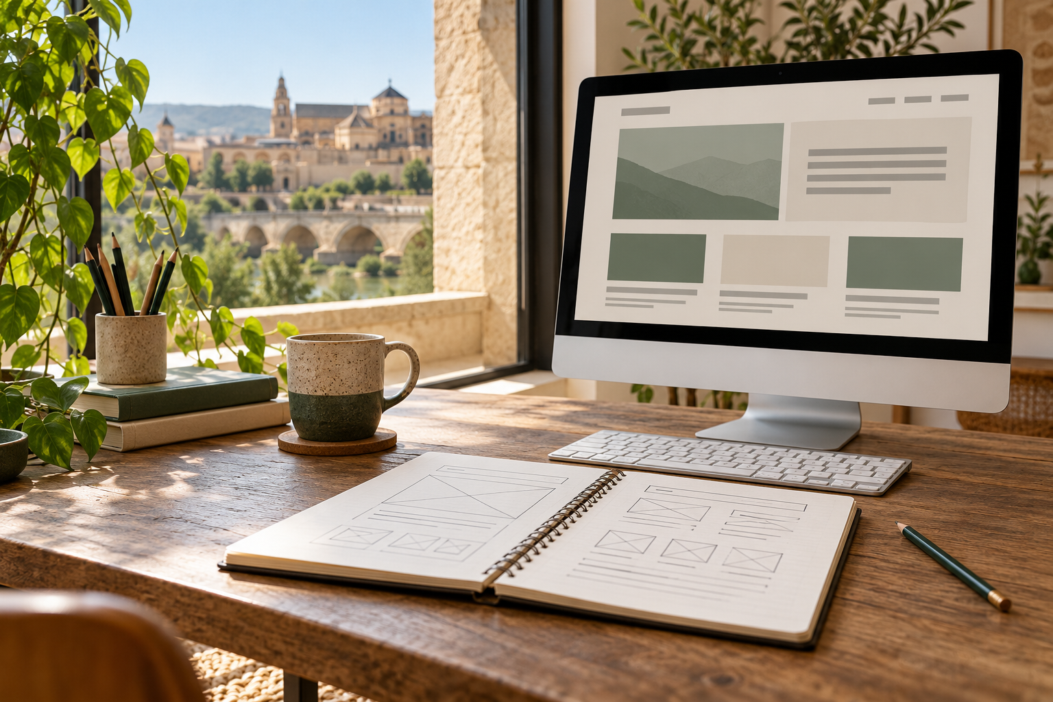 Mesa de trabajo con bocetos para planificar una web